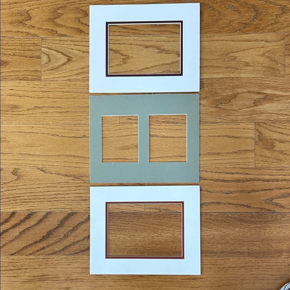 Elegant White and Green Photo Mat Set; Two For 5”x7”Prints & One for 3.25x 4.25”